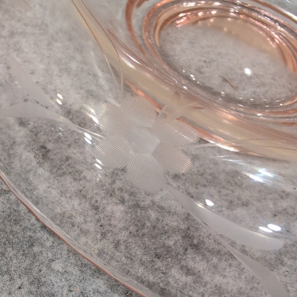 Vintage Pink Depression Glass Etched Floral Console Bowl Centerpiece Dish Rose - Picture 4 of 7